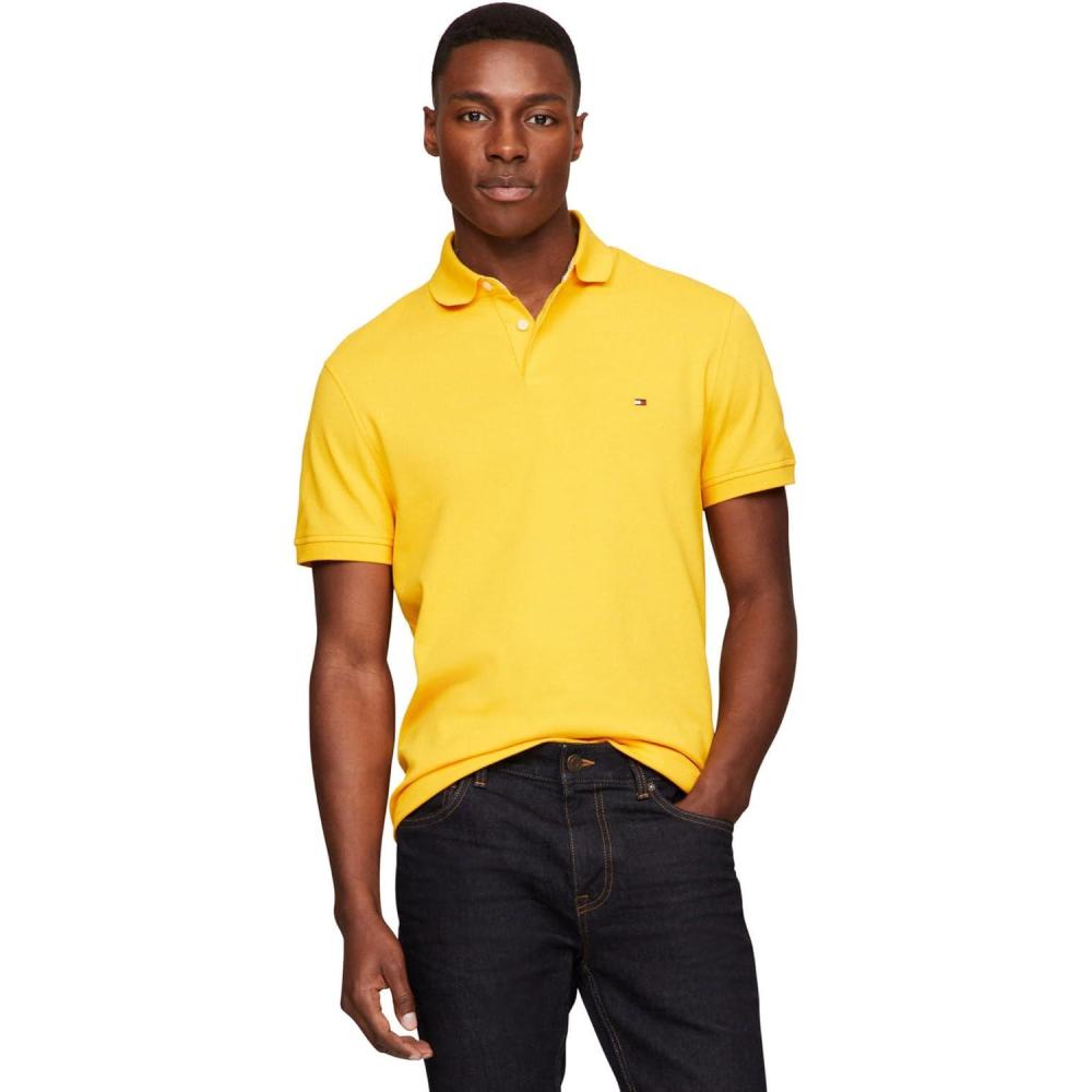 imageTommy Hilfiger Mens Short Sleeve Polo Shirts in Slim Fit with Stretch and Organic Pique CottonPrimary Yellow