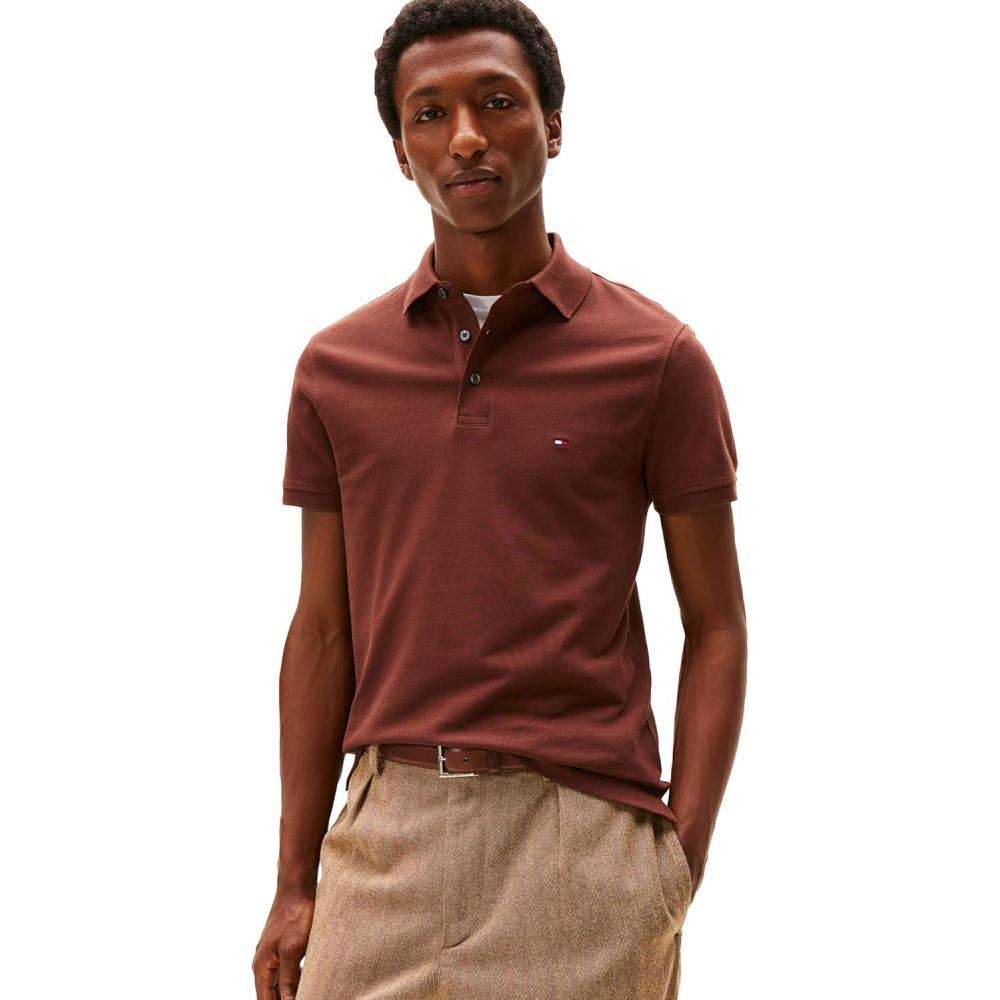 imageTommy Hilfiger Mens Short Sleeve Polo Shirts in Slim Fit with Stretch and Organic Pique CottonPure Brown