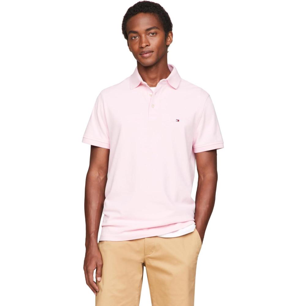 imageTommy Hilfiger Mens Short Sleeve Polo Shirts in Slim Fit with Stretch and Organic Pique CottonRomantic Pink