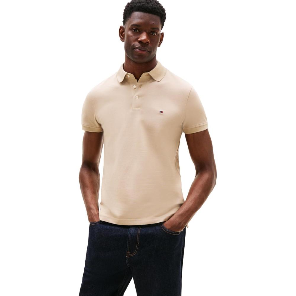 imageTommy Hilfiger Mens Short Sleeve Polo Shirts in Slim Fit with Stretch and Organic Pique CottonSandalwood