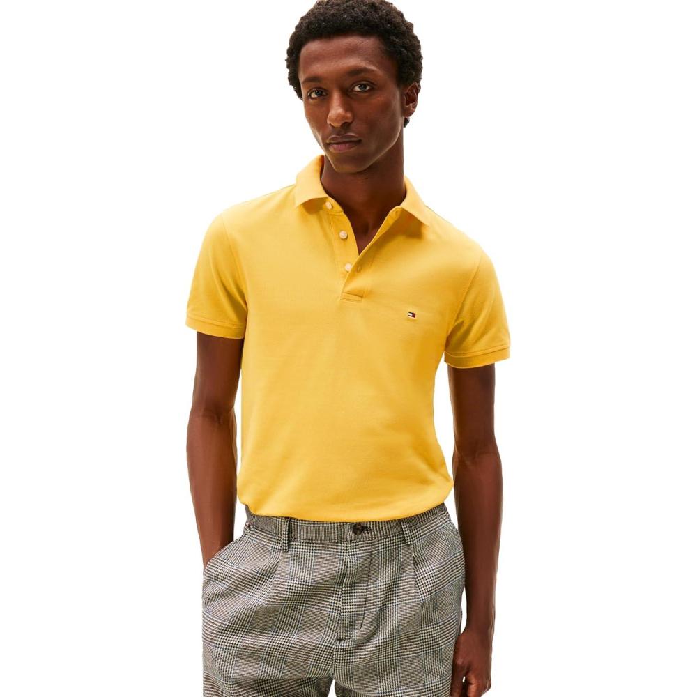 imageTommy Hilfiger Mens Short Sleeve Polo Shirts in Slim Fit with Stretch and Organic Pique CottonSoft Canary
