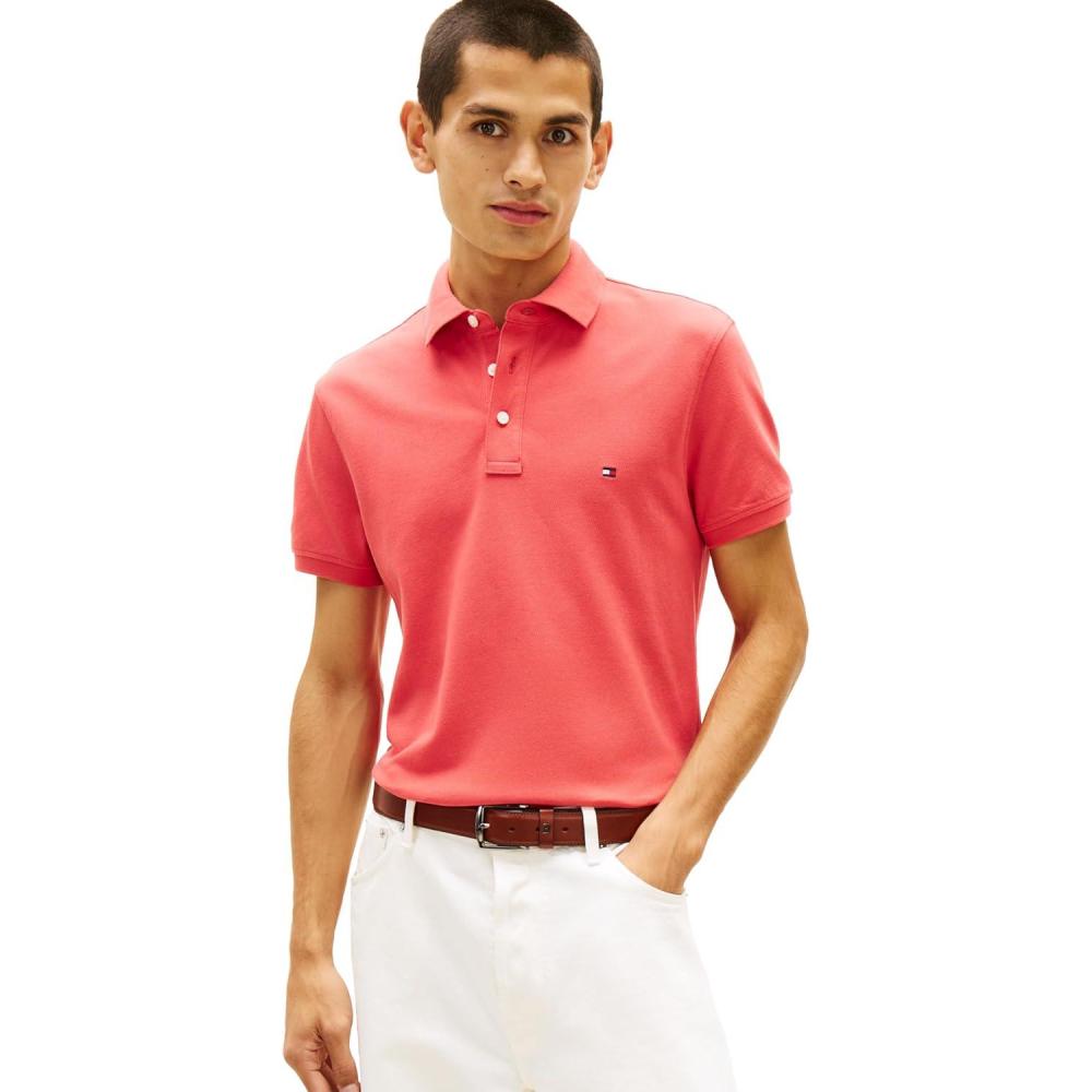 imageTommy Hilfiger Mens Short Sleeve Polo Shirts in Slim Fit with Stretch and Organic Pique CottonVintage Red