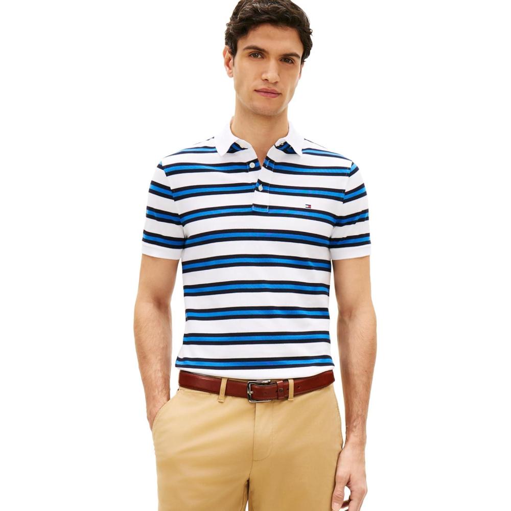 imageTommy Hilfiger Mens Short Sleeve Polo Shirts in Slim Fit with Stretch and Organic Pique CottonWhite  Desert Sky Multi