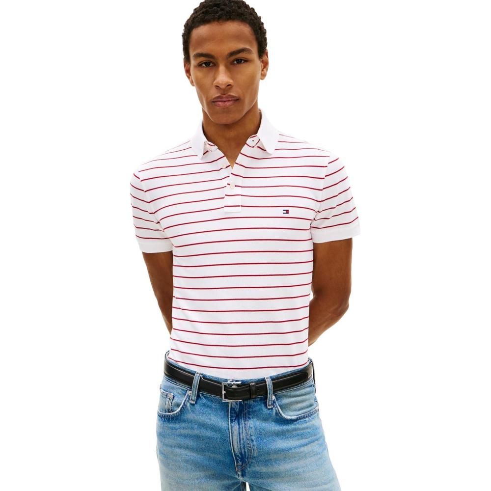 imageTommy Hilfiger Mens Short Sleeve Polo Shirts in Slim Fit with Stretch and Organic Pique CottonWhite  Medium Red