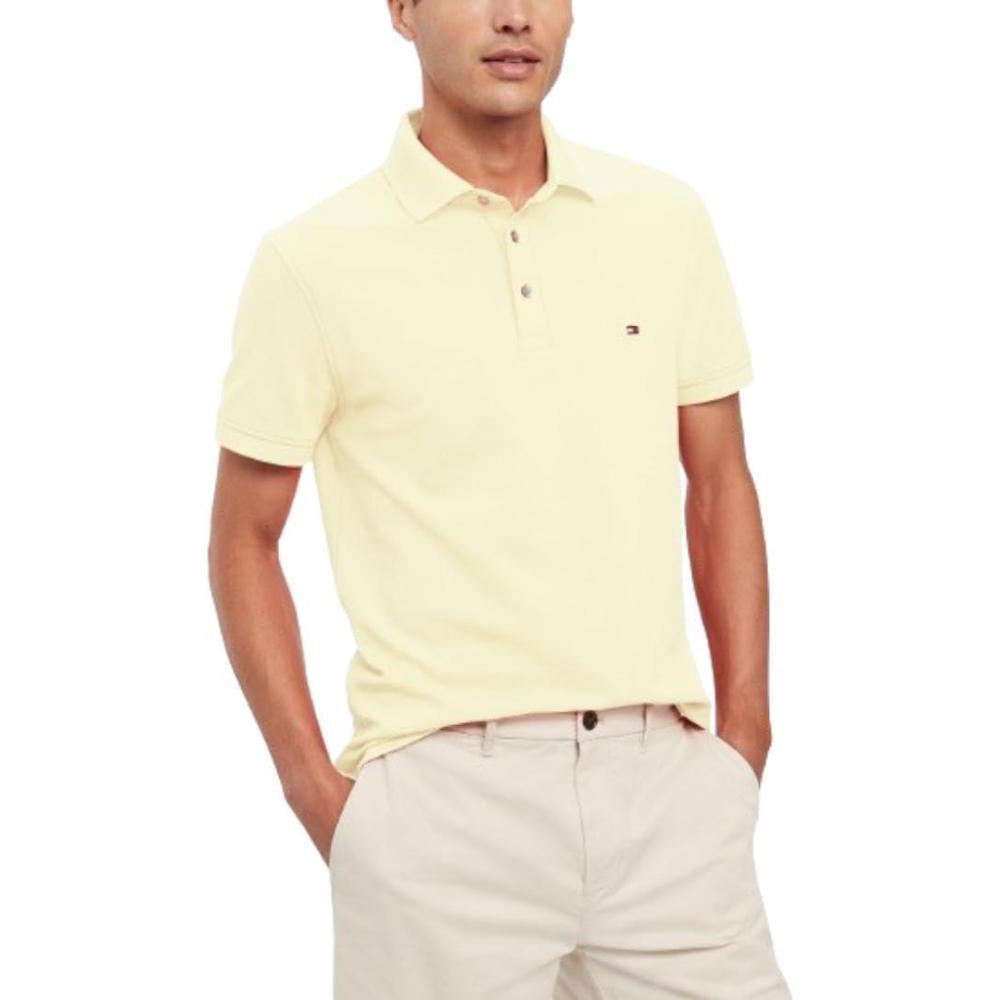 imageTommy Hilfiger Mens Short Sleeve Polo Shirts in Slim Fit with Stretch and Organic Pique CottonYellow Tulip