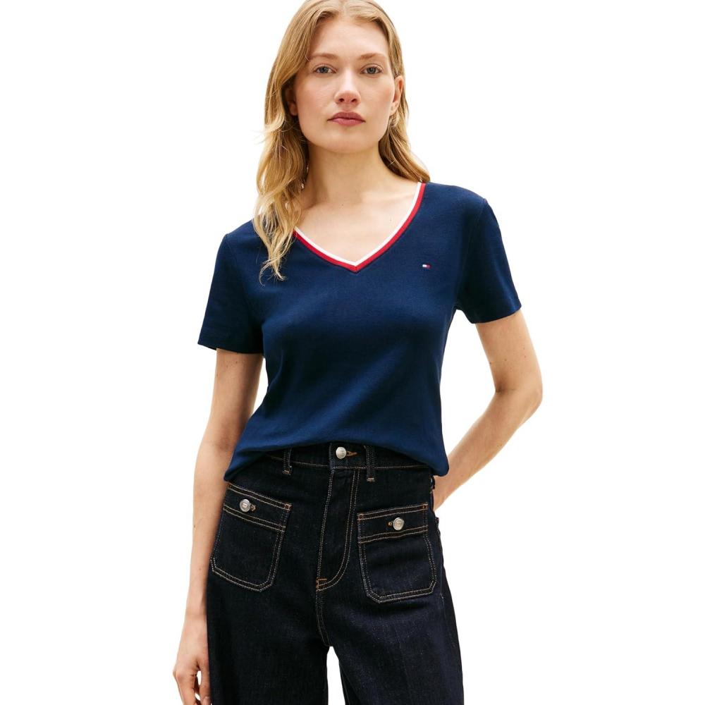 imageTommy Hilfiger Womens Basic Short Sleeve Cotton VNeck TShirtDark Night NavyRwb