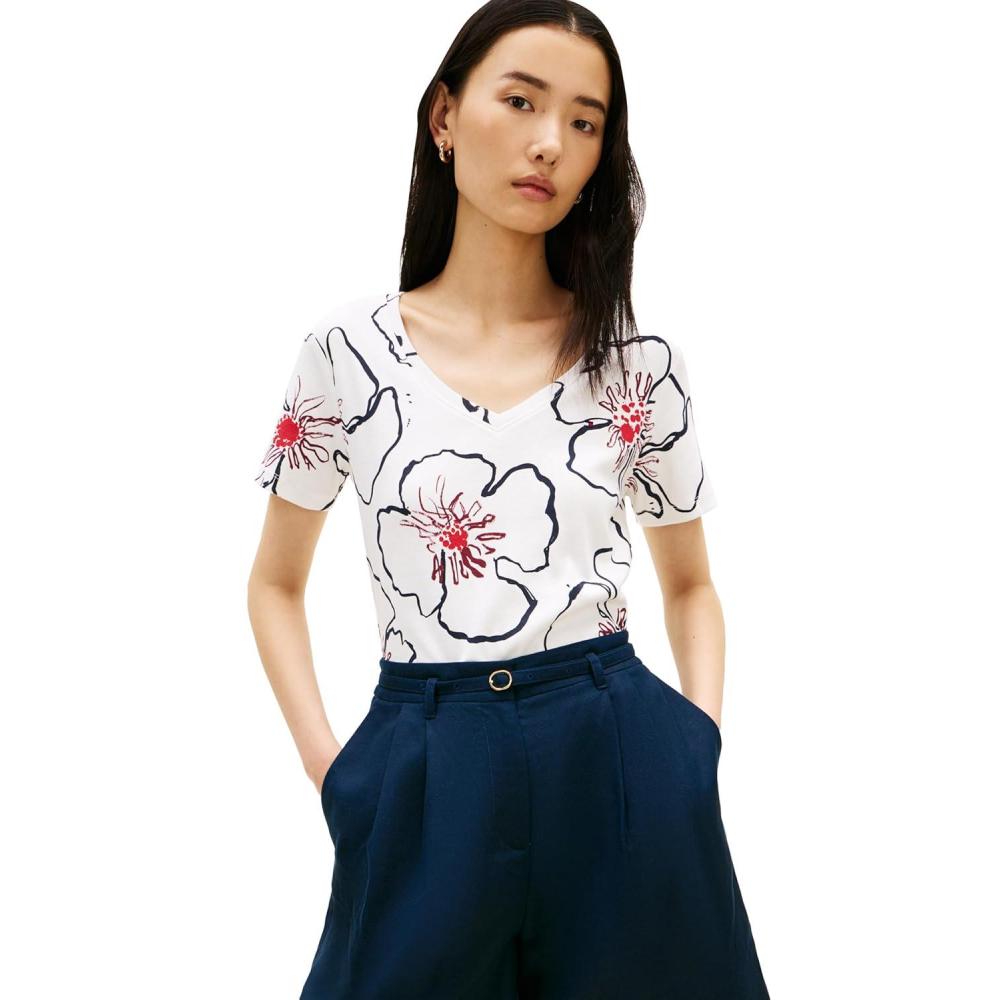 imageTommy Hilfiger Womens Basic Short Sleeve Cotton VNeck TShirtLinear Poppy Watercolor