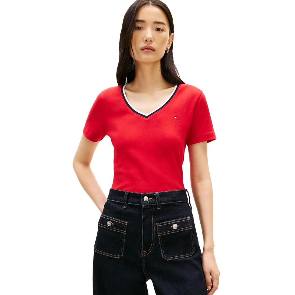imageTommy Hilfiger Womens Basic Short Sleeve Cotton VNeck TShirtPrimary RedRwb