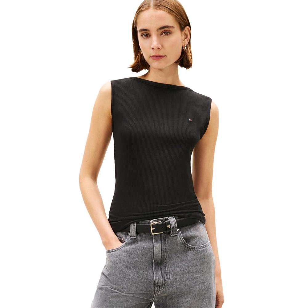 imageTommy Hilfiger Womens Basic Sleeveless Boat Neck Rib Tank TopBlack