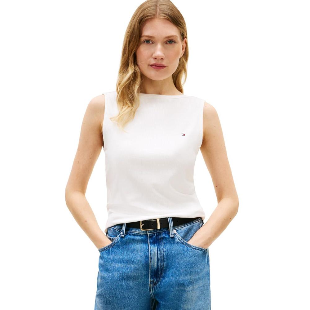 imageTommy Hilfiger Womens Basic Sleeveless Boat Neck Rib Tank TopEcru