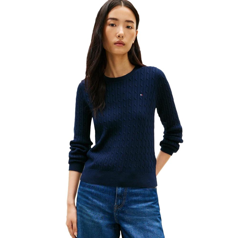 imageTommy Hilfiger Womens Cable Knit Crew Neck Sweater Lightweight PulloverDark Night Navy