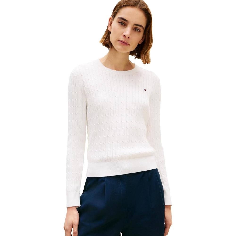 imageTommy Hilfiger Womens Cable Knit Crew Neck Sweater Lightweight PulloverEcru