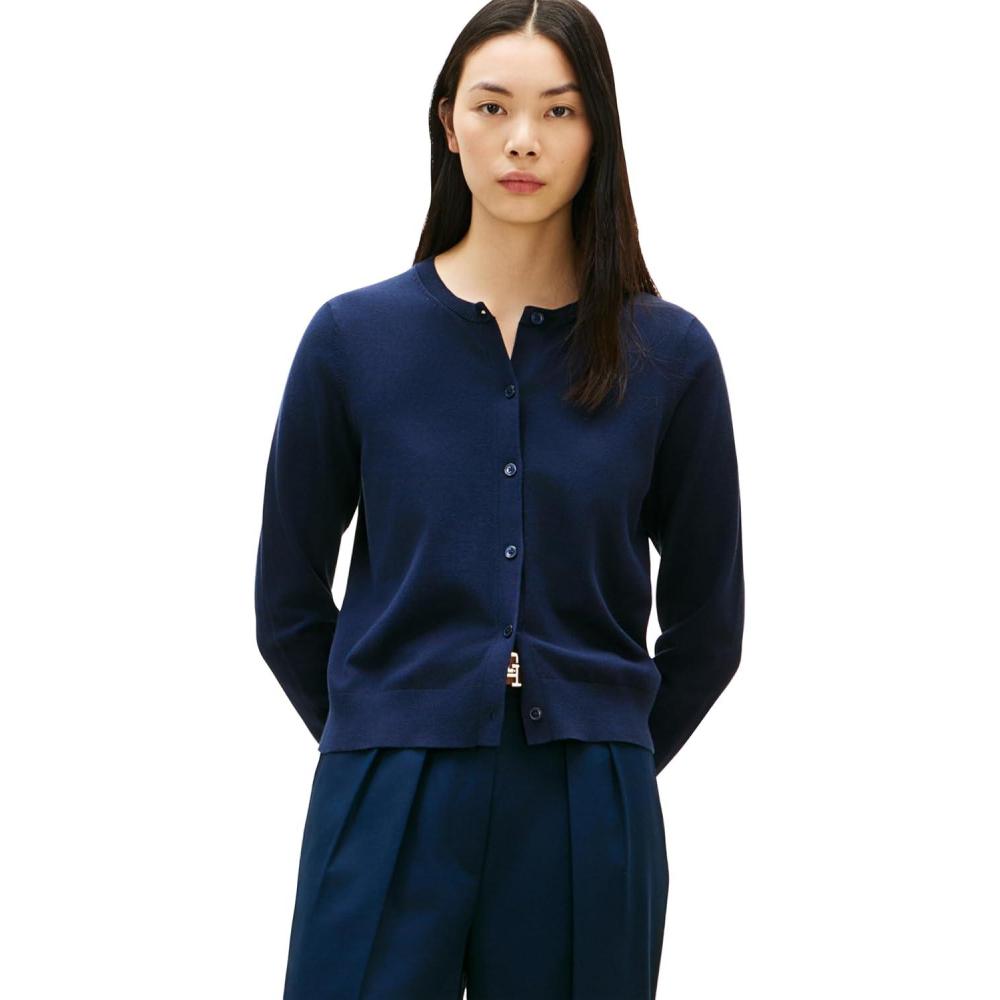 imageTommy Hilfiger Womens Cotton Crew Neck Cardigan Sweater Lightweight Button Down Knit CardiganDark Night Navy