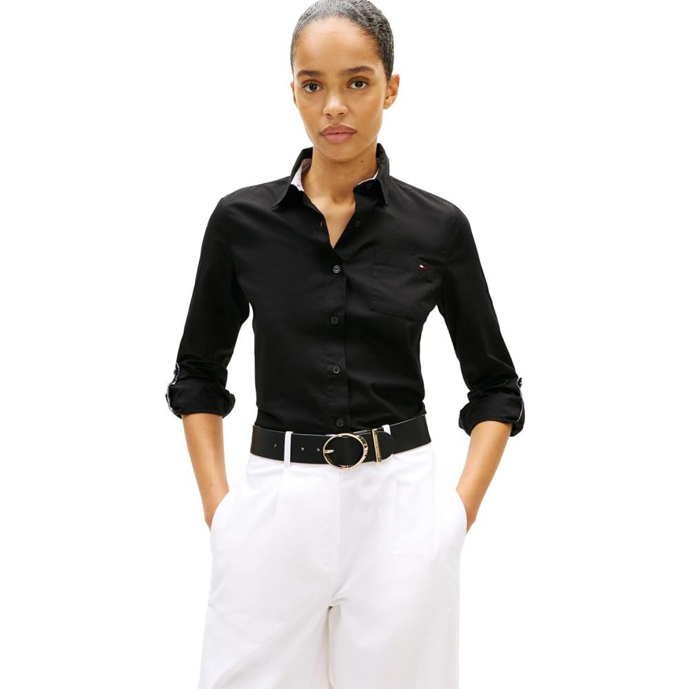 imageTommy Hilfiger Womens Cotton Poplin Long Sleeve Button Down Shirt in Regular Fit with Roll Up SleeveBlack