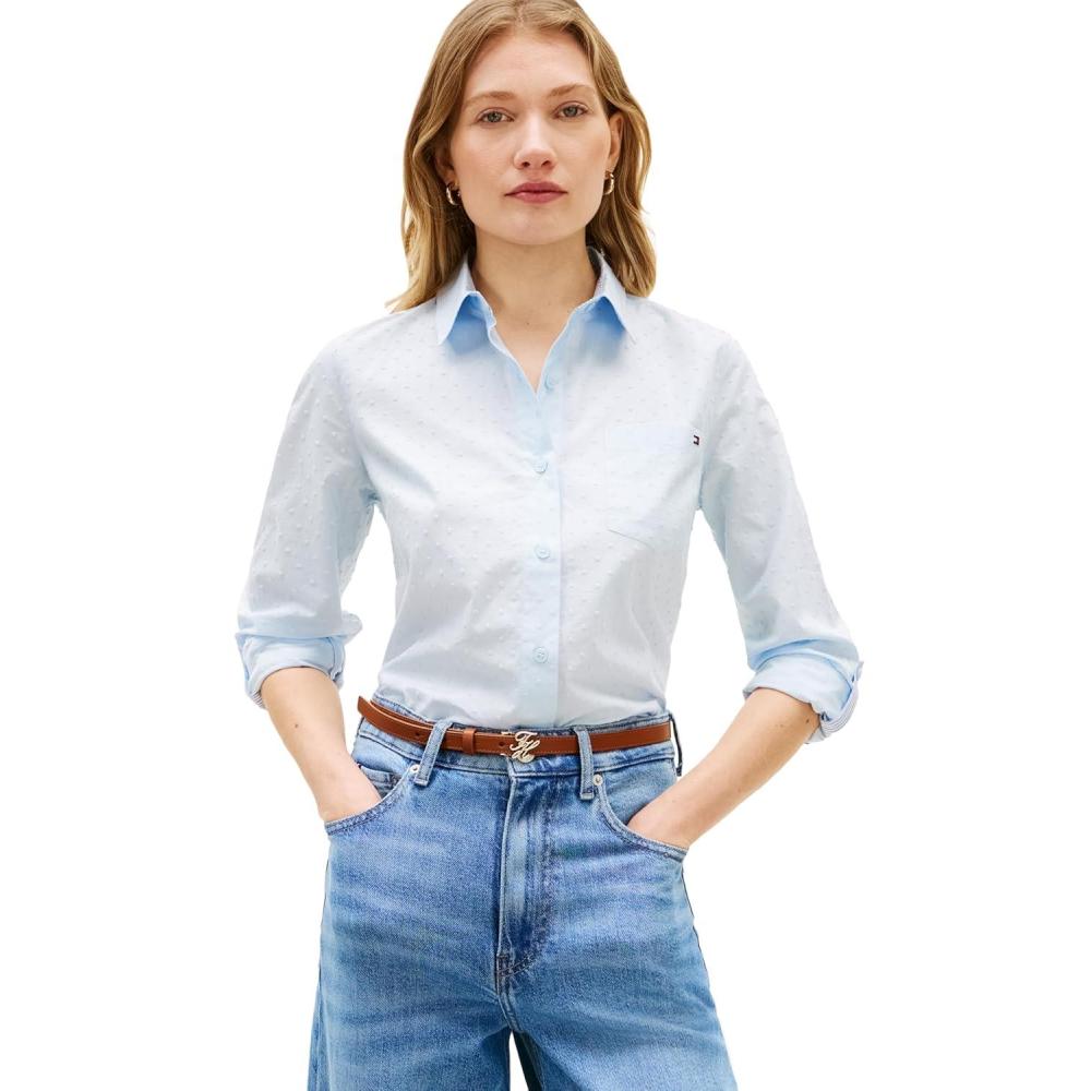 imageTommy Hilfiger Womens Cotton Poplin Long Sleeve Button Down Shirt in Regular Fit with Roll Up SleeveBreezy Blue