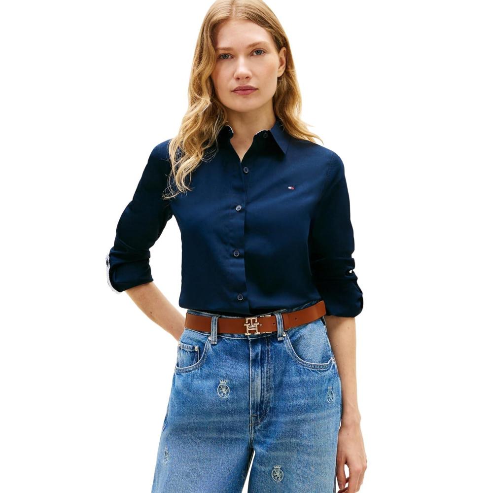 imageTommy Hilfiger Womens Cotton Poplin Long Sleeve Button Down Shirt in Regular Fit with Roll Up SleeveDark Night Navy