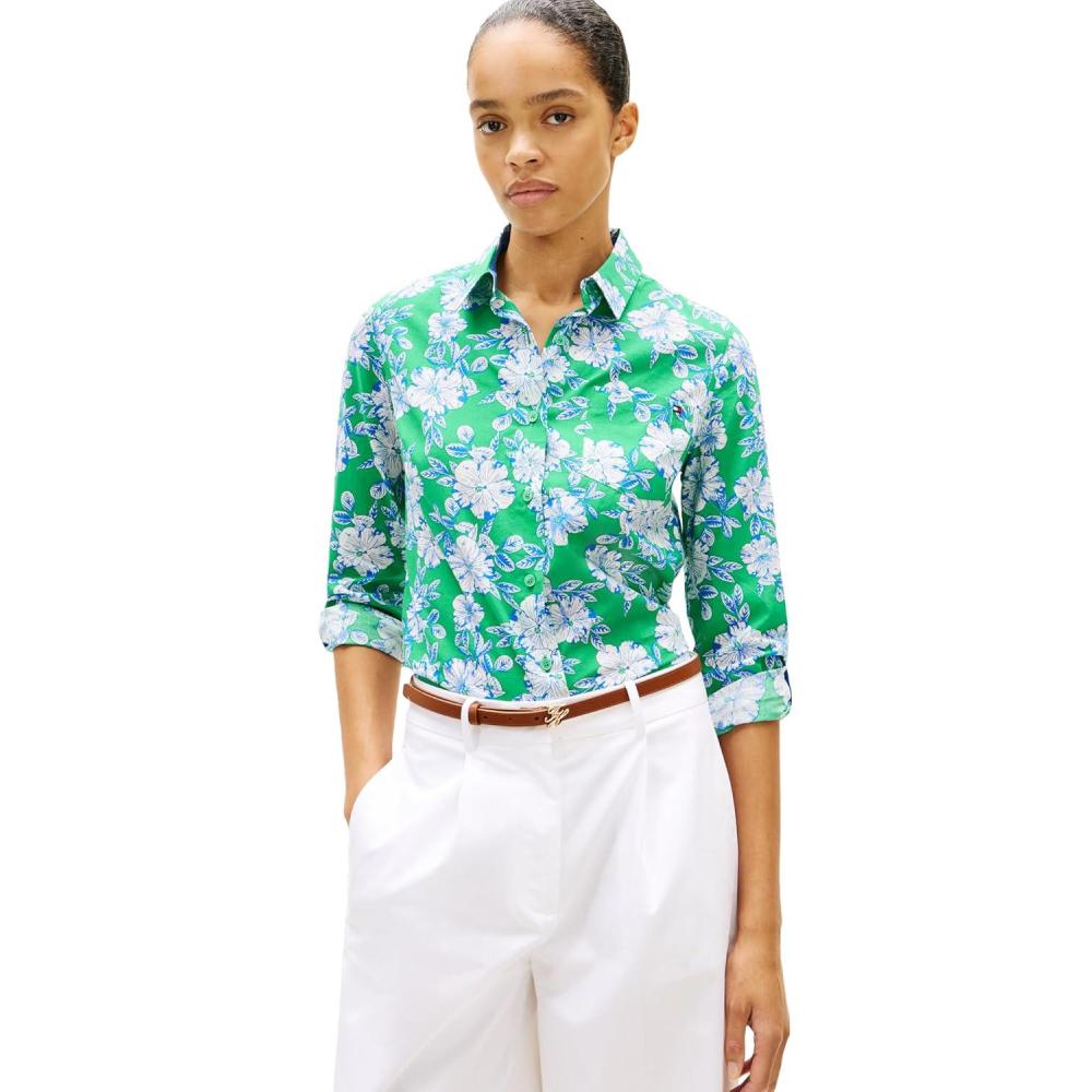 imageTommy Hilfiger Womens Cotton Poplin Long Sleeve Button Down Shirt in Regular Fit with Roll Up SleeveDense Hibiscus Jade Wink