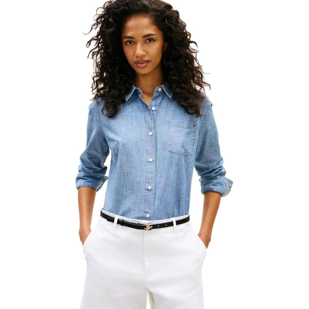 imageTommy Hilfiger Womens Cotton Poplin Long Sleeve Button Down Shirt in Regular Fit with Roll Up SleeveMid Blue