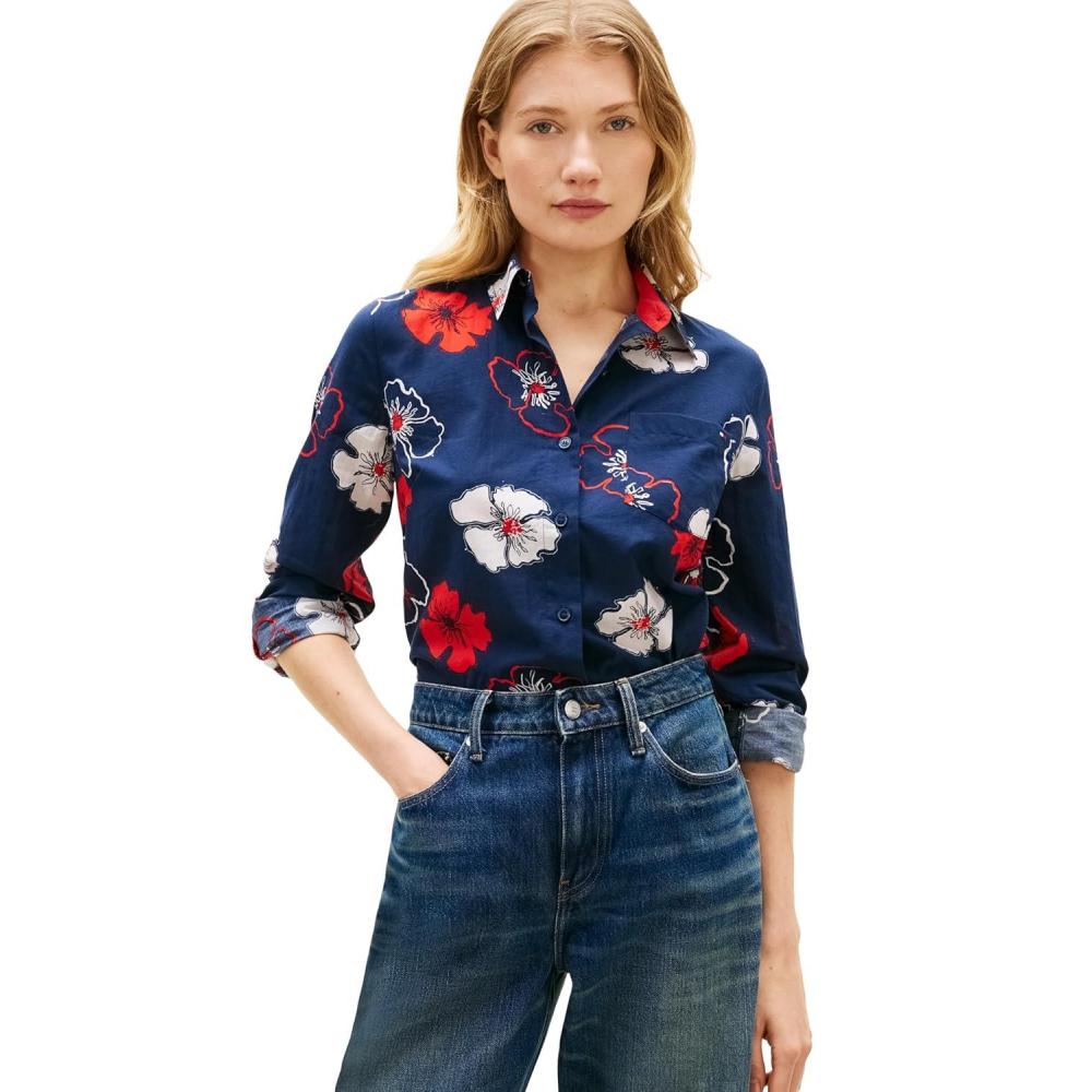 imageTommy Hilfiger Womens Cotton Poplin Long Sleeve Button Down Shirt in Regular Fit with Roll Up SleeveSolid Poppy Dark Night Navy