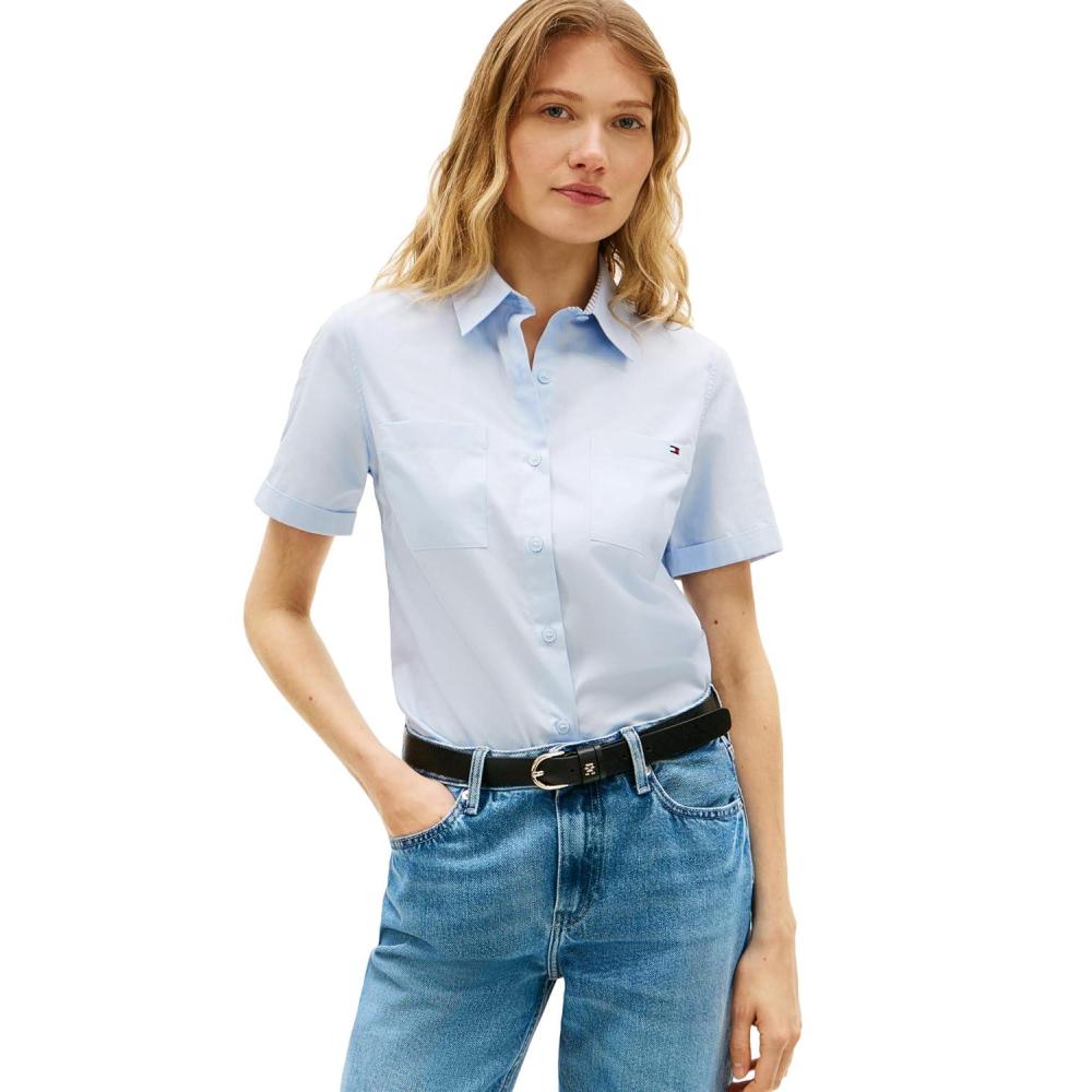 imageTommy Hilfiger Womens Cotton Short Sleeve Button Down Shirt in Regular FitBreezy Blue