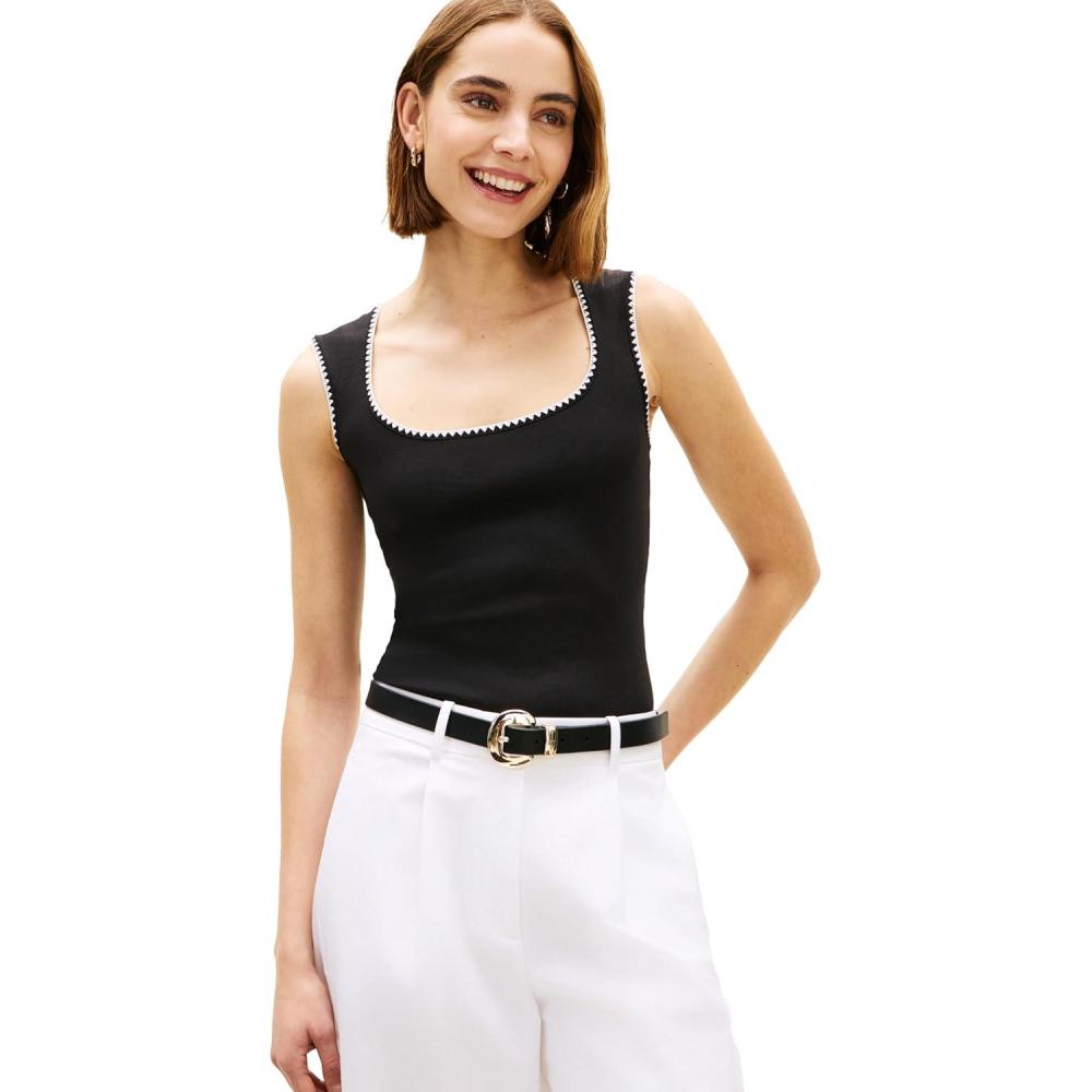 imageTommy Hilfiger Womens Cotton Sleeveless Scoop Neck Tank with Collar DesignBlack
