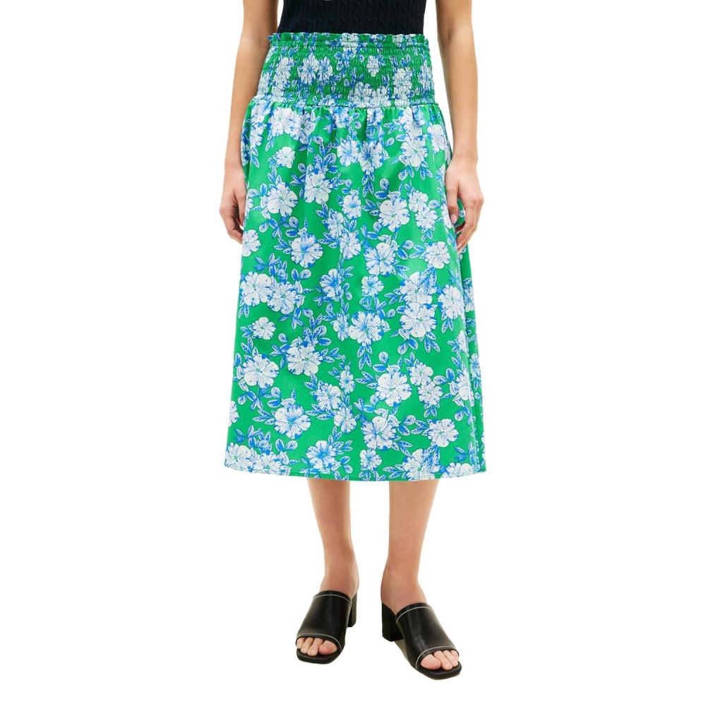 imageTommy Hilfiger Womens Cotton Smocked Pull on Midi SkirtDense Hibiscus Jade Wink