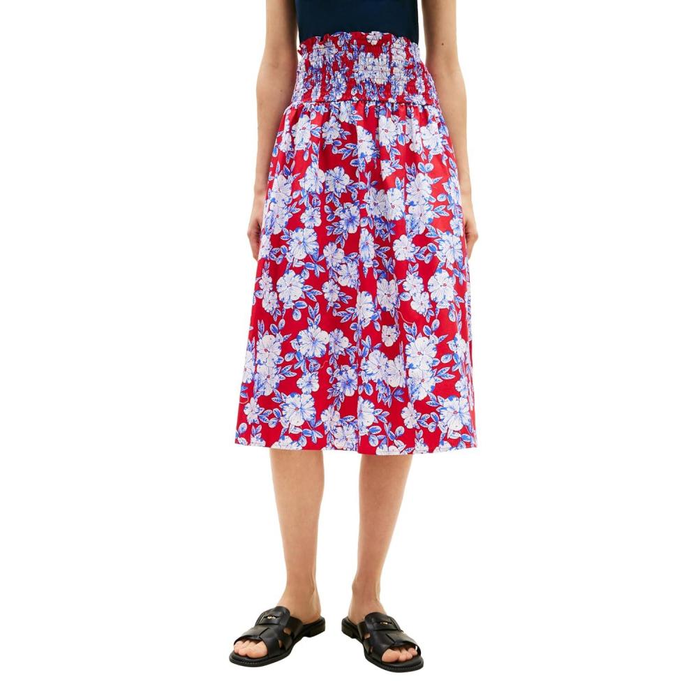 imageTommy Hilfiger Womens Cotton Smocked Pull on Midi SkirtDense Hibiscus Primary Red