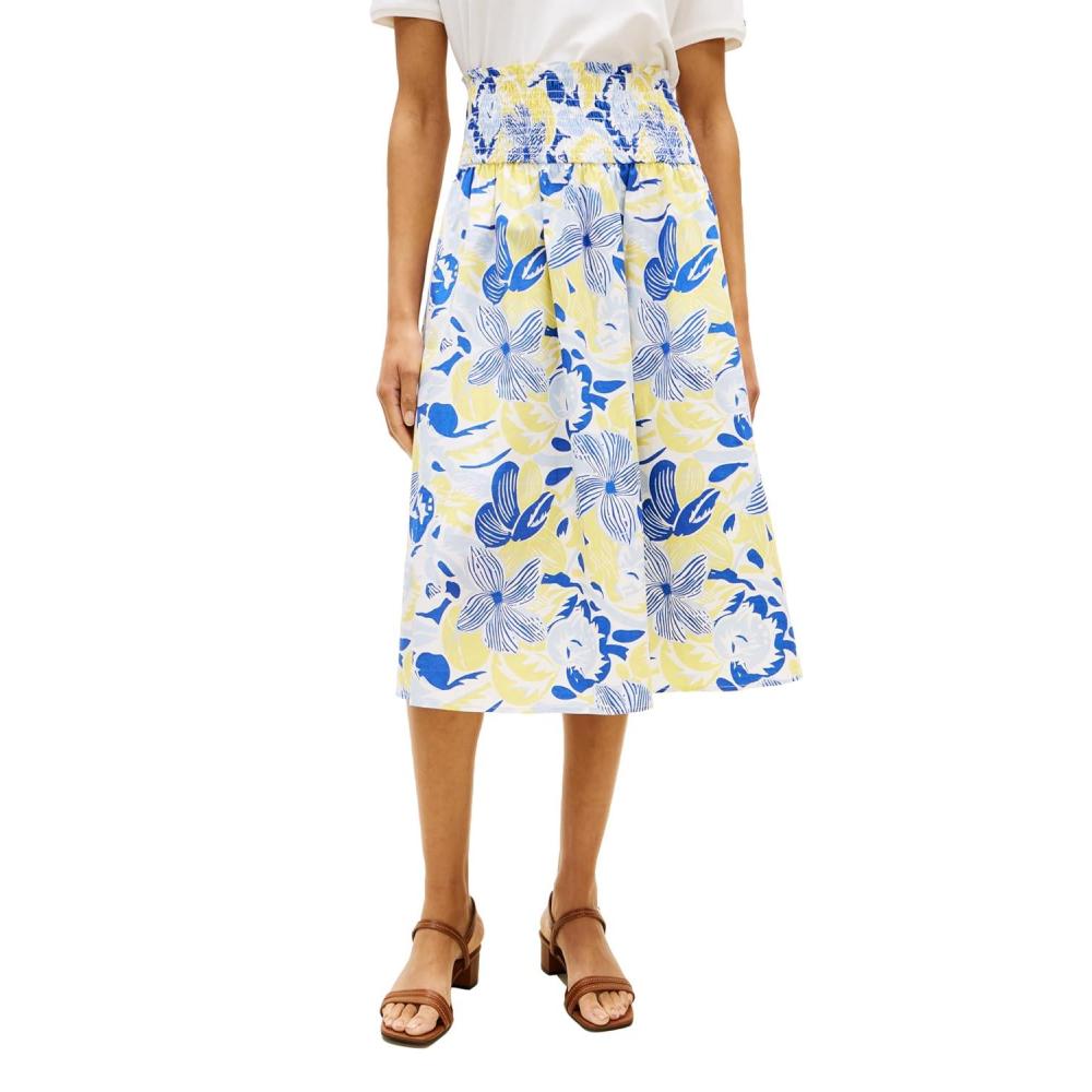 imageTommy Hilfiger Womens Cotton Smocked Pull on Midi SkirtSpring Garden Blue OrbitCitronella
