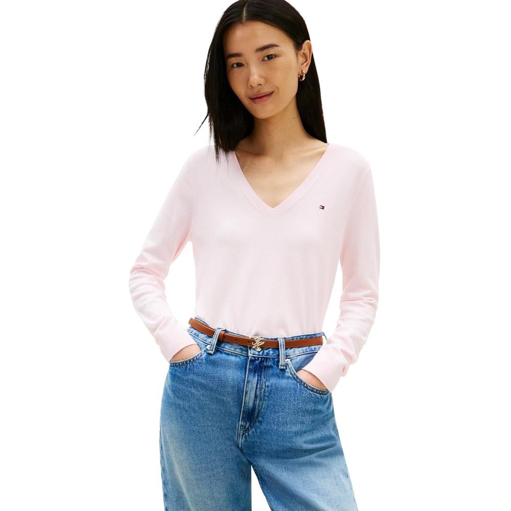 imageTommy Hilfiger Womens Cotton V Neck Sweater Knit Sweater PulloverLight Pink