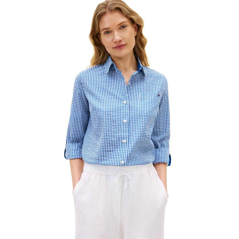 imageTommy Hilfiger Womens Cotton Woven Long Sleeve Button Down Shirt in Regular Fit with Roll Up SleeveBlue Orbit Ecru Gingham