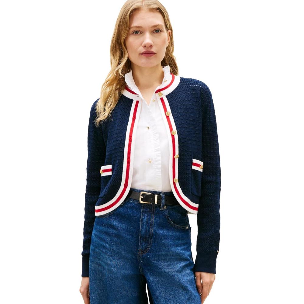 imageTommy Hilfiger Womens Cropped Cardigan Sweater Lighweight Cotton Crew Neck Cardigan SweaterDark Night Navy