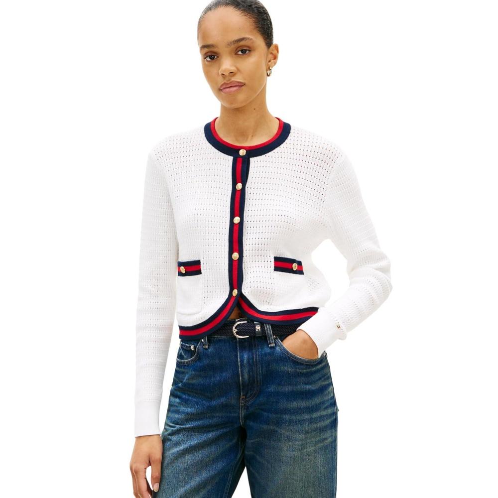 imageTommy Hilfiger Womens Cropped Cardigan Sweater Lighweight Cotton Crew Neck Cardigan SweaterEcru