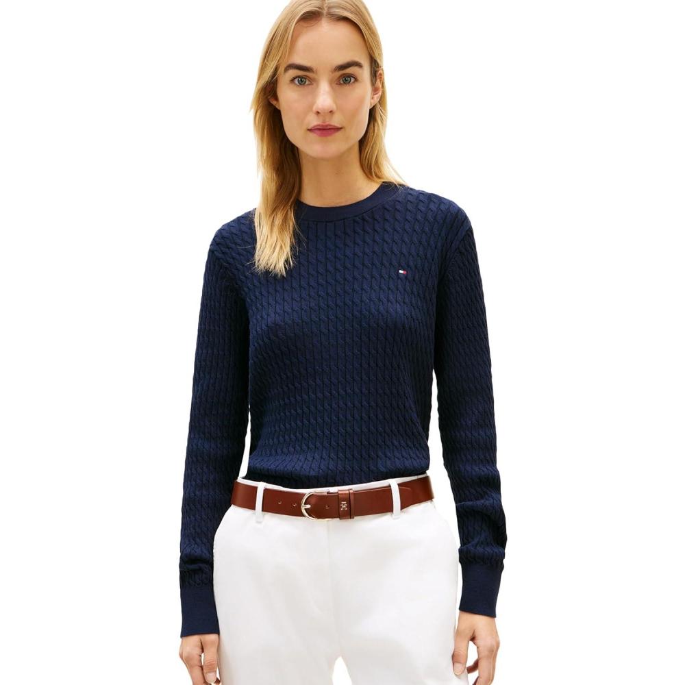 imageTommy Hilfiger Womens Fine Gauge Cable Knit Crew Neck Sweater Lightweight PulloverDark Night Navy
