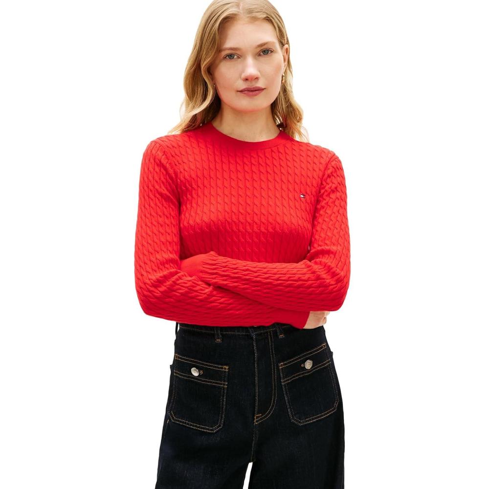imageTommy Hilfiger Womens Fine Gauge Cable Knit Crew Neck Sweater Lightweight PulloverFireworks