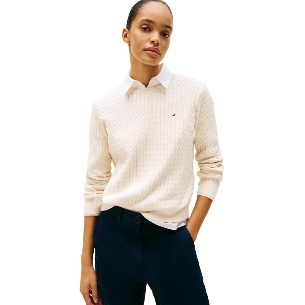 imageTommy Hilfiger Womens Fine Gauge Cable Knit Crew Neck Sweater Lightweight PulloverHeather Ivory Petal