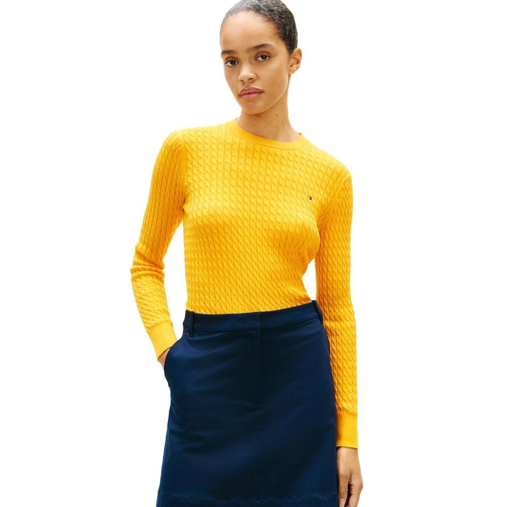 imageTommy Hilfiger Womens Fine Gauge Cable Knit Crew Neck Sweater Lightweight PulloverOrange Flash