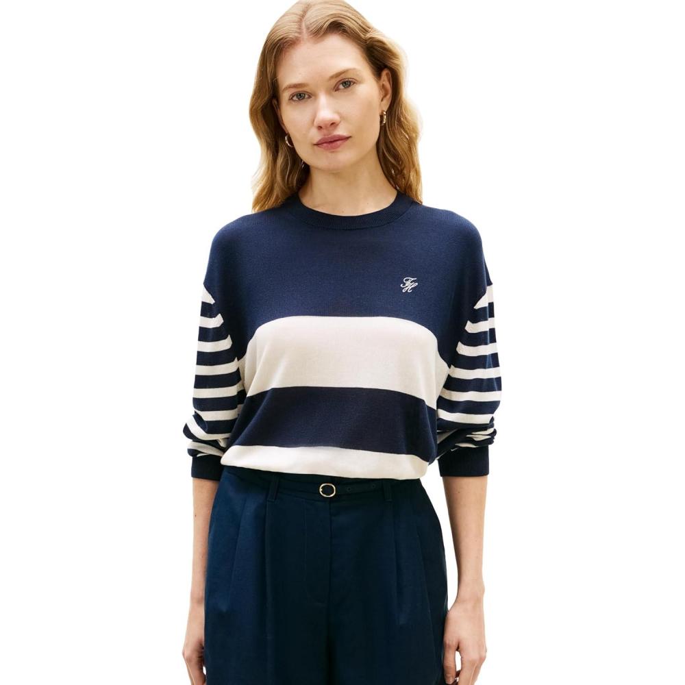 imageTommy Hilfiger Womens Lightewight Crew Neck Color Block Pullover SweaterBig Bright Stripe Dark Night Navy Calico