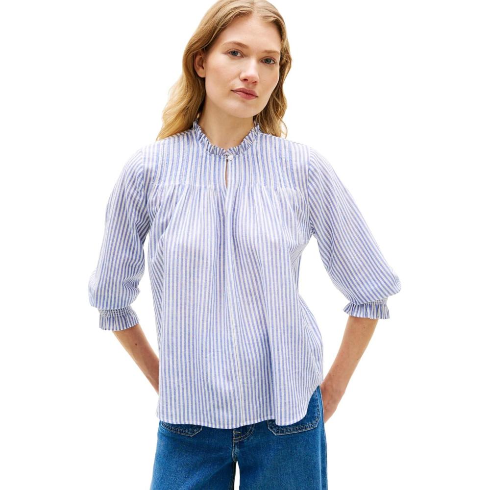 imageTommy Hilfiger Womens Lightweight 34 Sleeve Cotton Top Collarless BlouseBanker Stripe EcruBlue Orbit