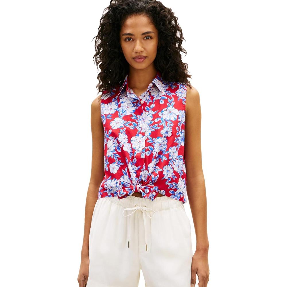imageTommy Hilfiger Womens Lightweight Cotton Sleeveless Button Down Shirt with Front Tie BlouseDense Hibiscus Primary Red