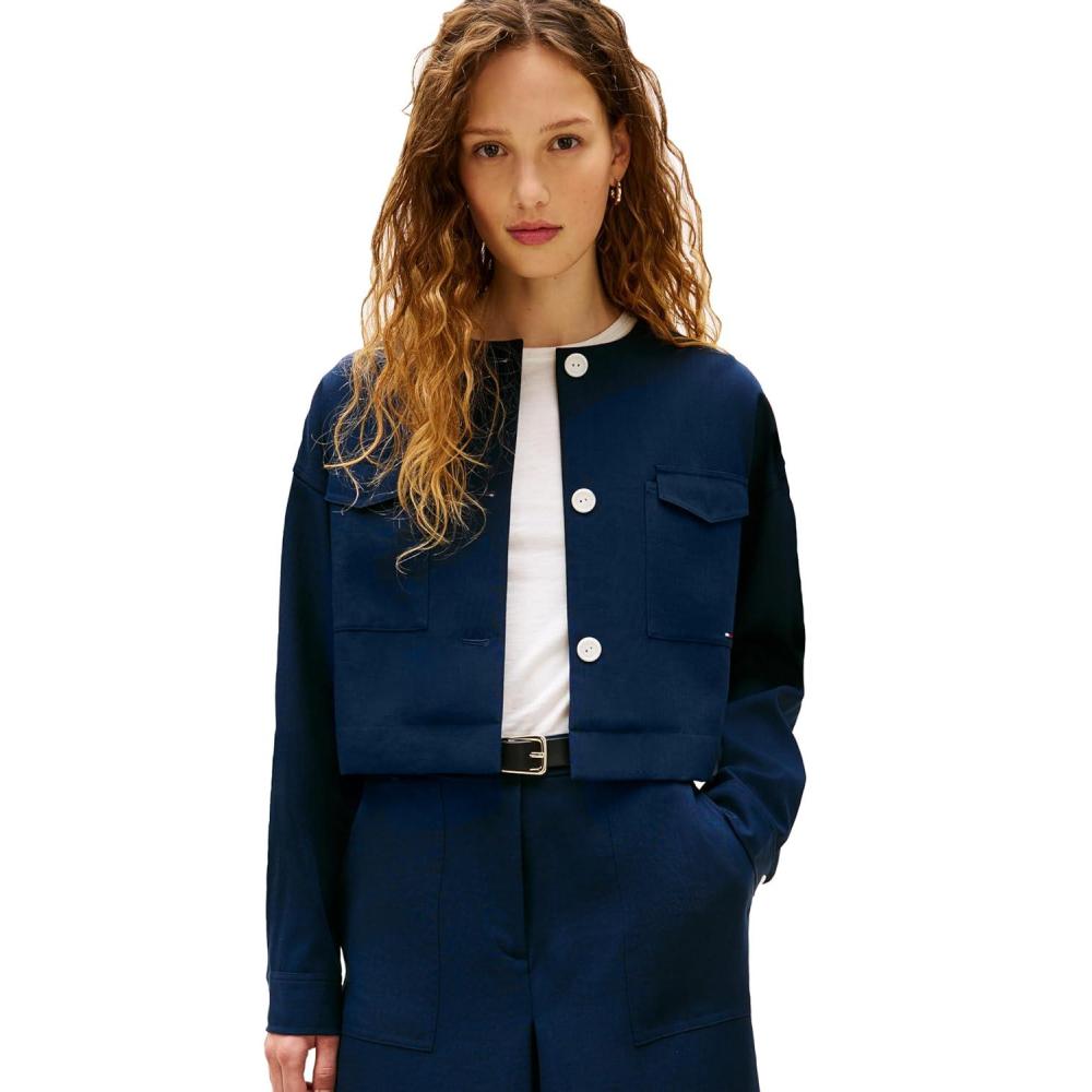imageTommy Hilfiger Womens Lightweight Cropped Utility Jacket Button Down Long Sleeve Collarless JacketDark Night Navy