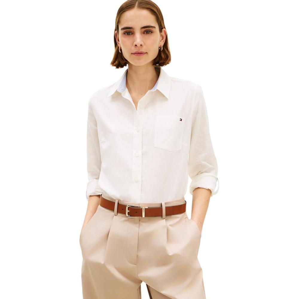 imageTommy Hilfiger Womens Lightweight Linen Long Sleeve Button Down Shirt in Regular Fit with Roll Up Sleeve Linen BlouseEcru