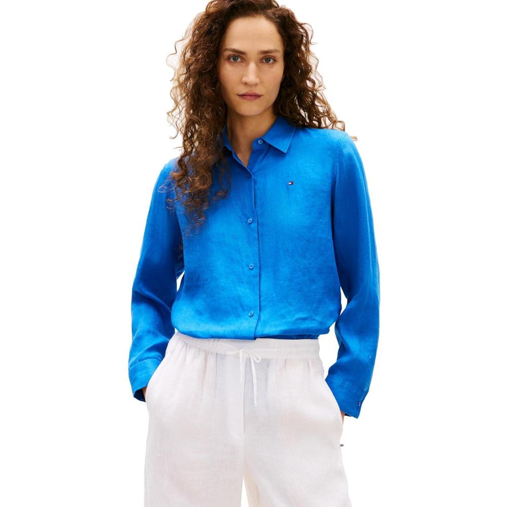 imageTommy Hilfiger Womens Lightweight Linen Long Sleeve Button Down Shirt in Relaxed Fit Linen BlouseBlue Orbit