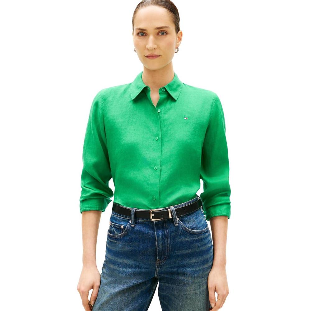 imageTommy Hilfiger Womens Lightweight Linen Long Sleeve Button Down Shirt in Relaxed Fit Linen BlouseCourtside Green