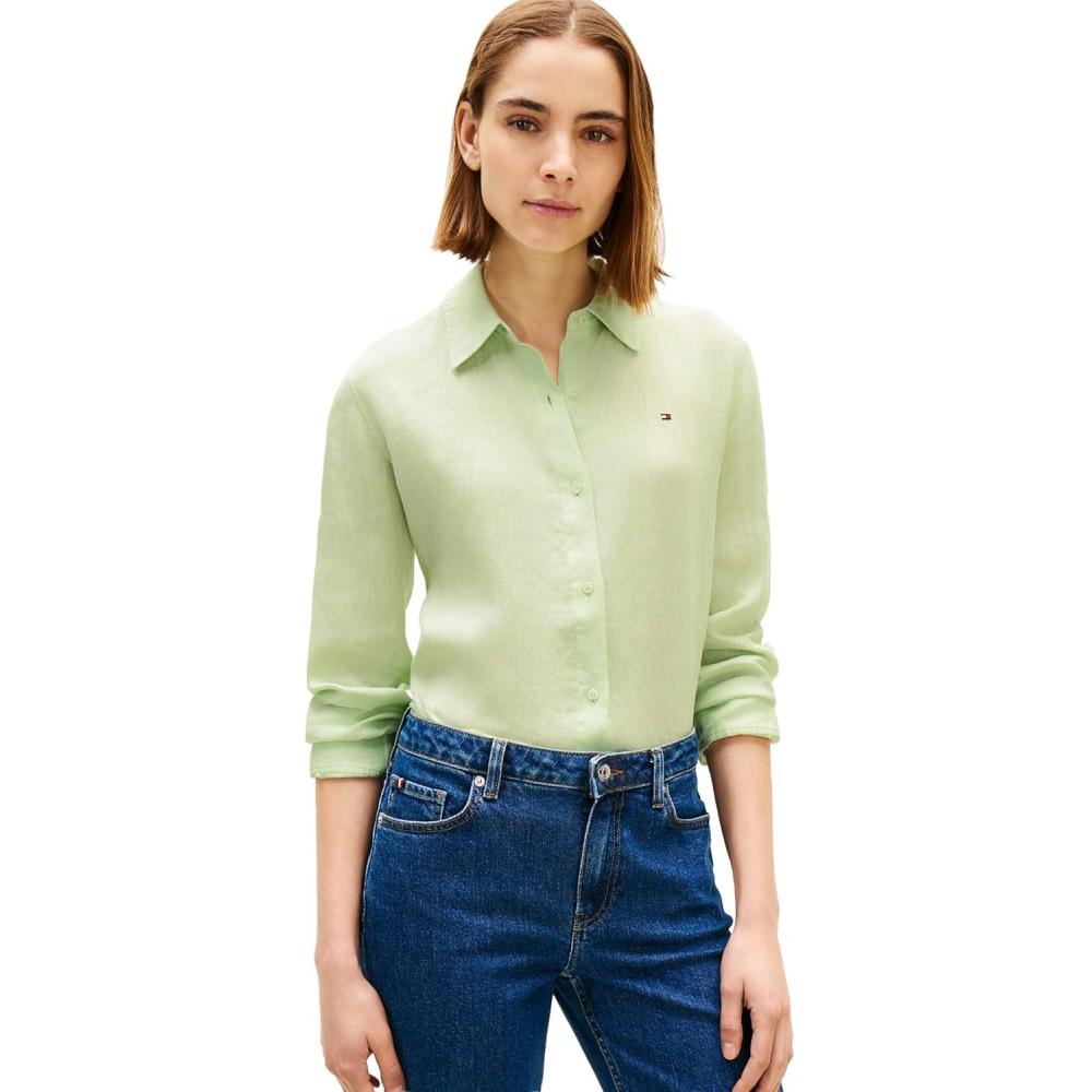 imageTommy Hilfiger Womens Lightweight Linen Long Sleeve Button Down Shirt in Relaxed Fit Linen BlouseGentle Jade