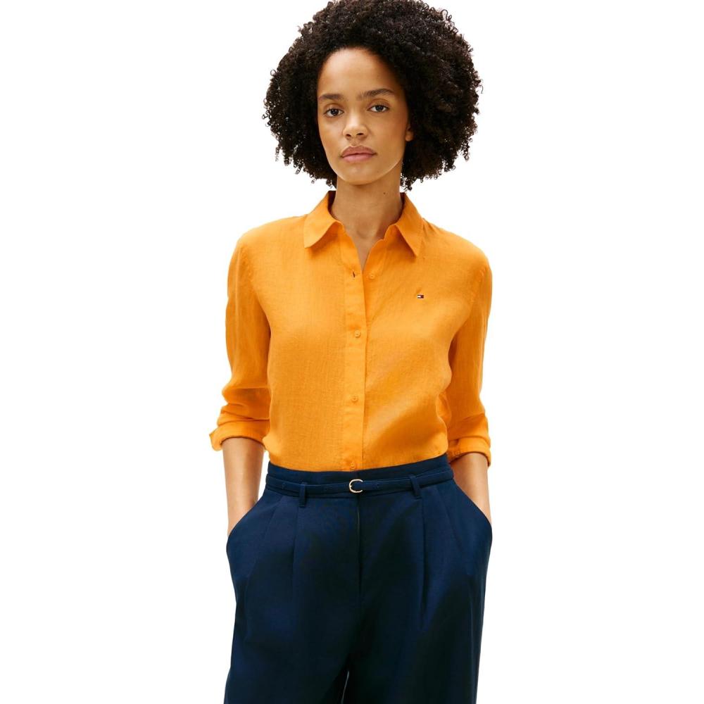 imageTommy Hilfiger Womens Lightweight Linen Long Sleeve Button Down Shirt in Relaxed Fit Linen BlouseOrange Flash