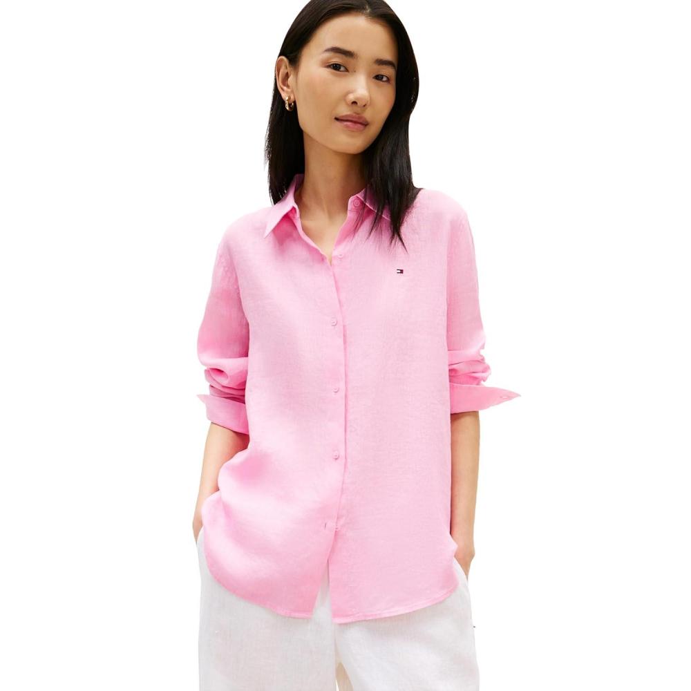 imageTommy Hilfiger Womens Lightweight Linen Long Sleeve Button Down Shirt in Relaxed Fit Linen BlouseRose Petal