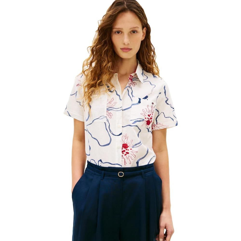 imageTommy Hilfiger Womens Lightweight Linen Short Sleeve Button Down Shirt in Regular Fit Linen BlouseLinear Poppy Watercolor