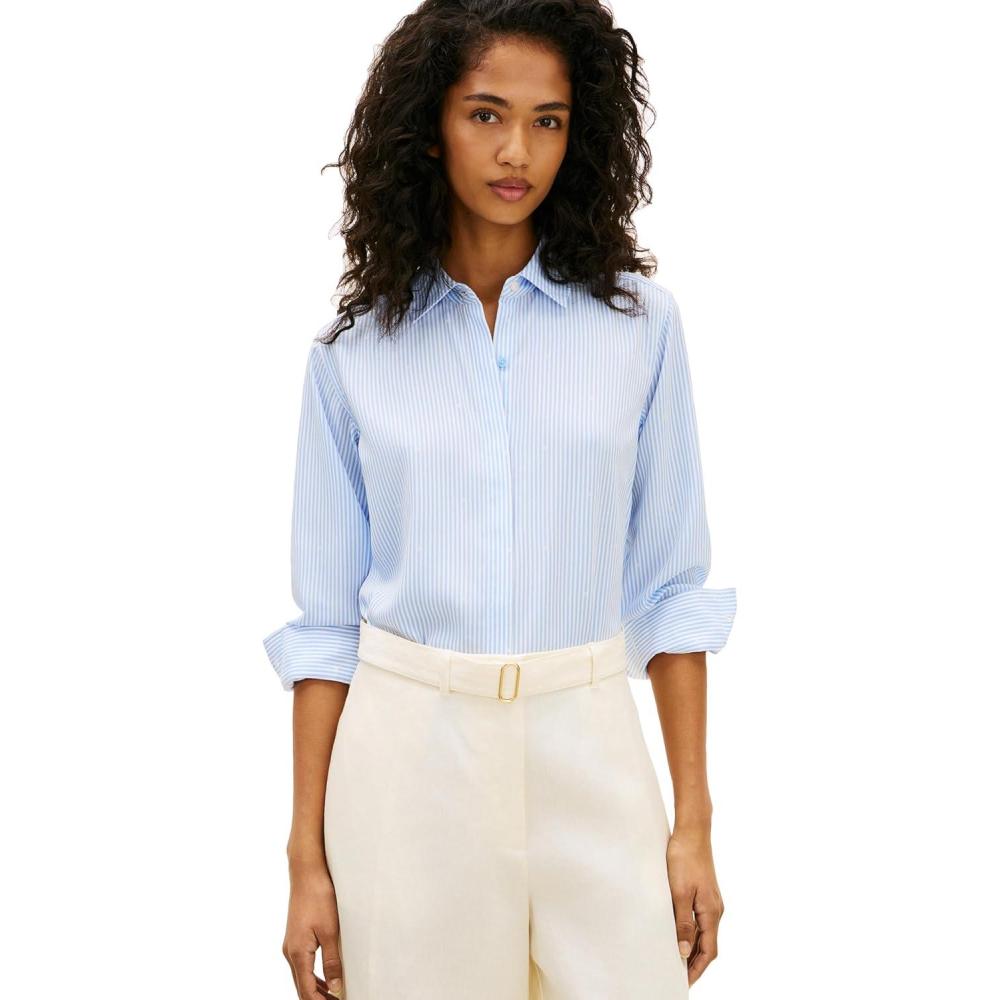 imageTommy Hilfiger Womens Lightweight Long Sleeve Button Down Shirt in Regular Fit with Cuff DetailClassic Ithaca Mid Blue