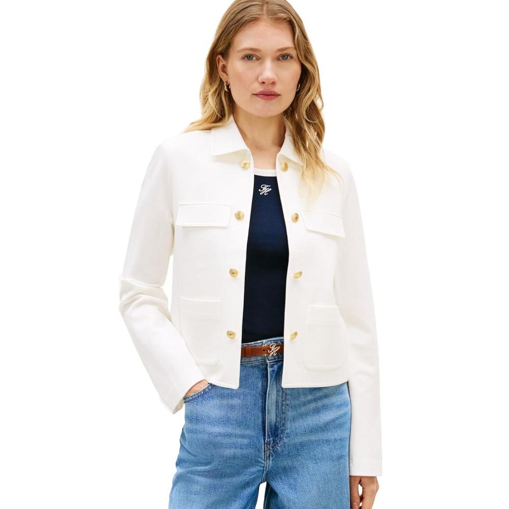 imageTommy Hilfiger Womens Open Front Jacket Button Down Long Sleeve Business Casual JacketEcru