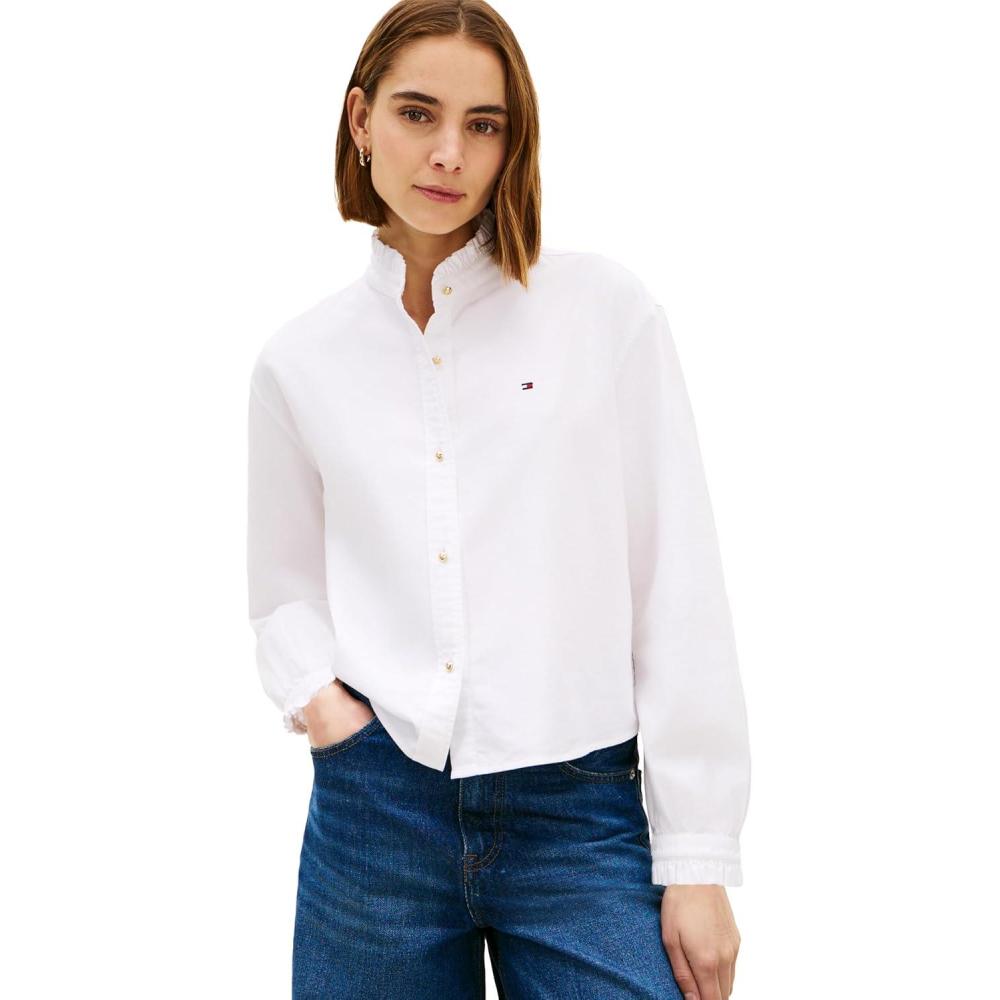 imageTommy Hilfiger Womens Oxford Cropped Long Sleeve Button Down Shirt with Ruffle DetailOptic White